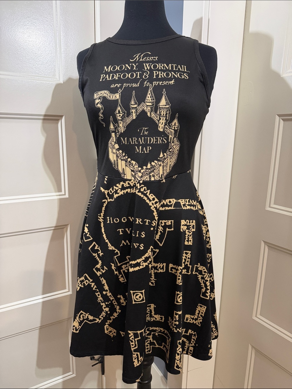 Black Sleeveless Fit-and-Flare Dress with Gold Map Graphic